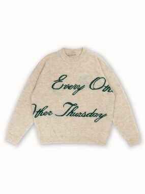 Every Other Thursday Intarsia Logo Knit Sweater Mohair Wool Sz Small Relaxed Fit